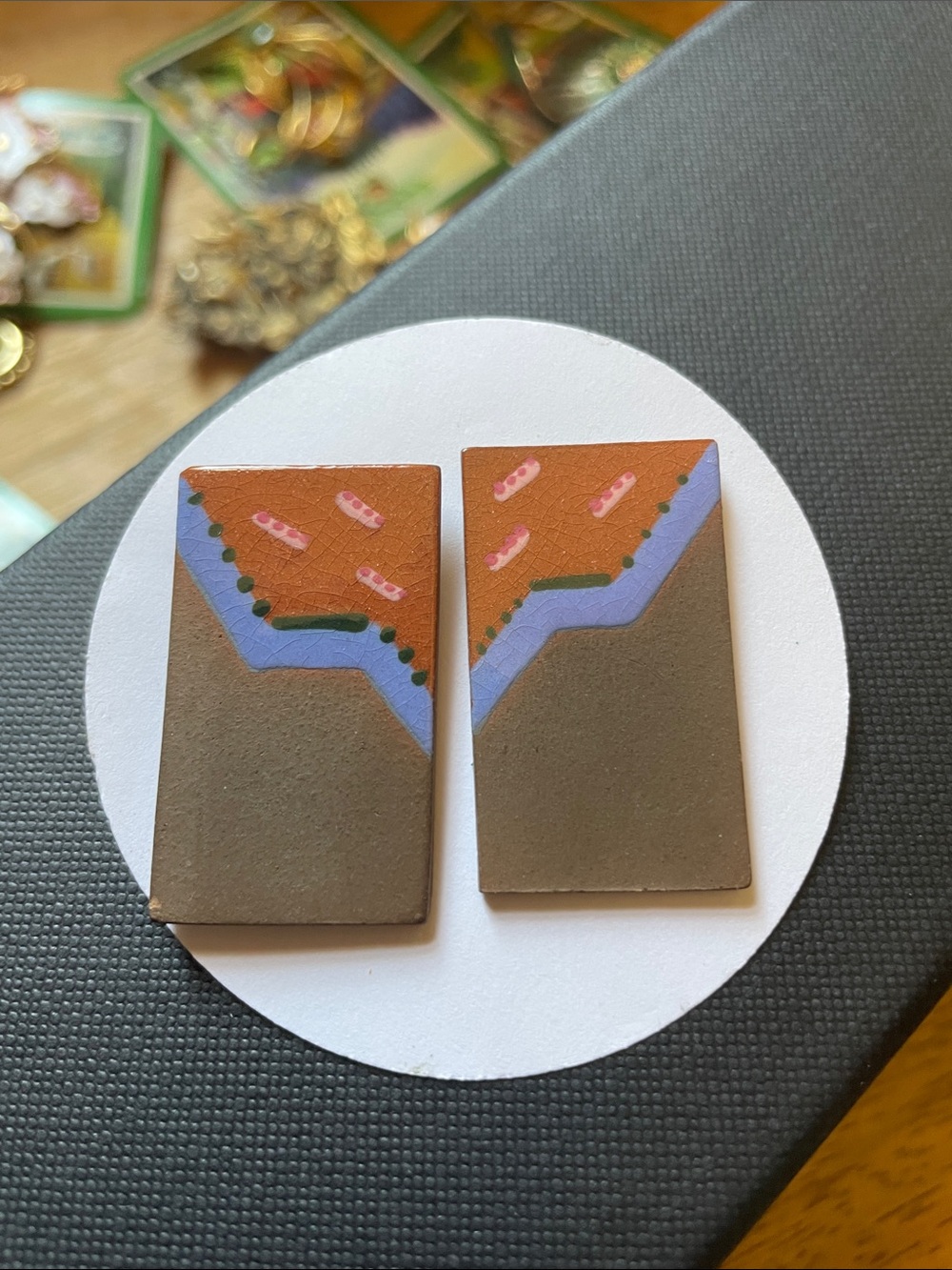 Handpainted Rectangular Geometric Earrings — Brown, Terracotta & Lavender